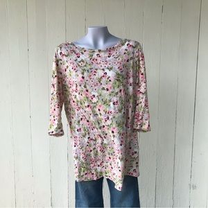 J. Jill 100% Linen Floral Three Quarter Sleeve Tunic Blouse Pink Cream Medium